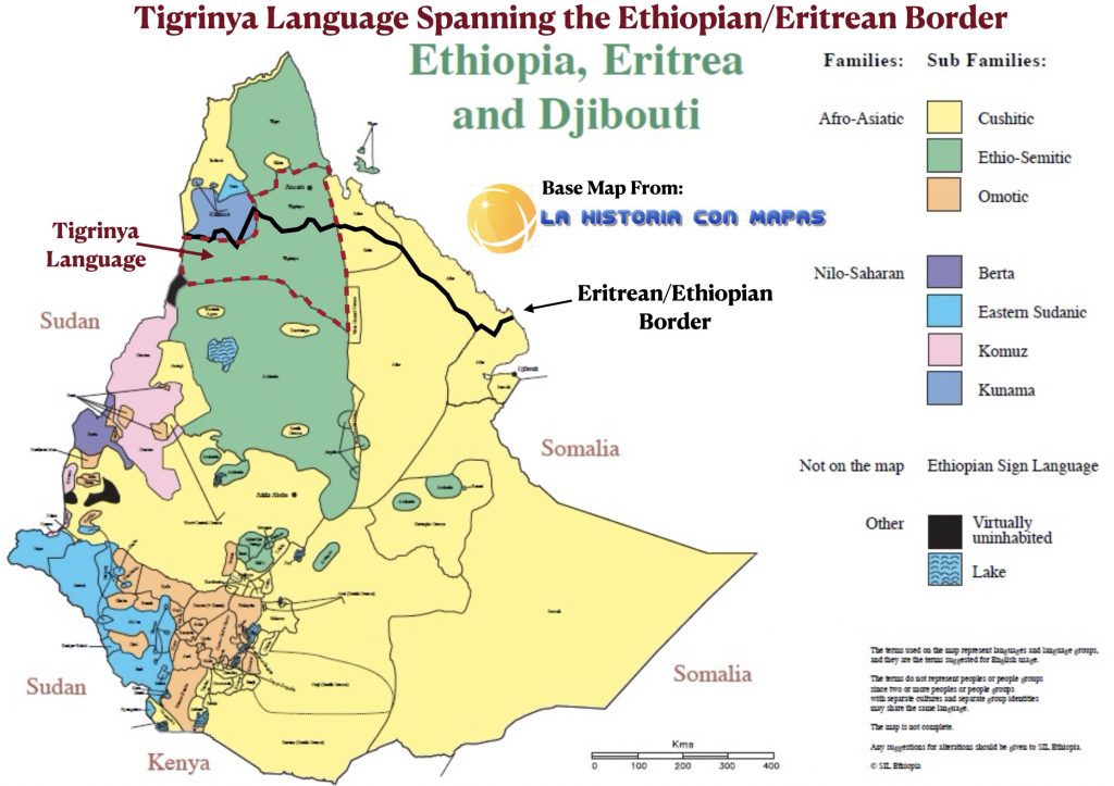 Map of Tigrinya language spanning Ethiopia and Eritrea